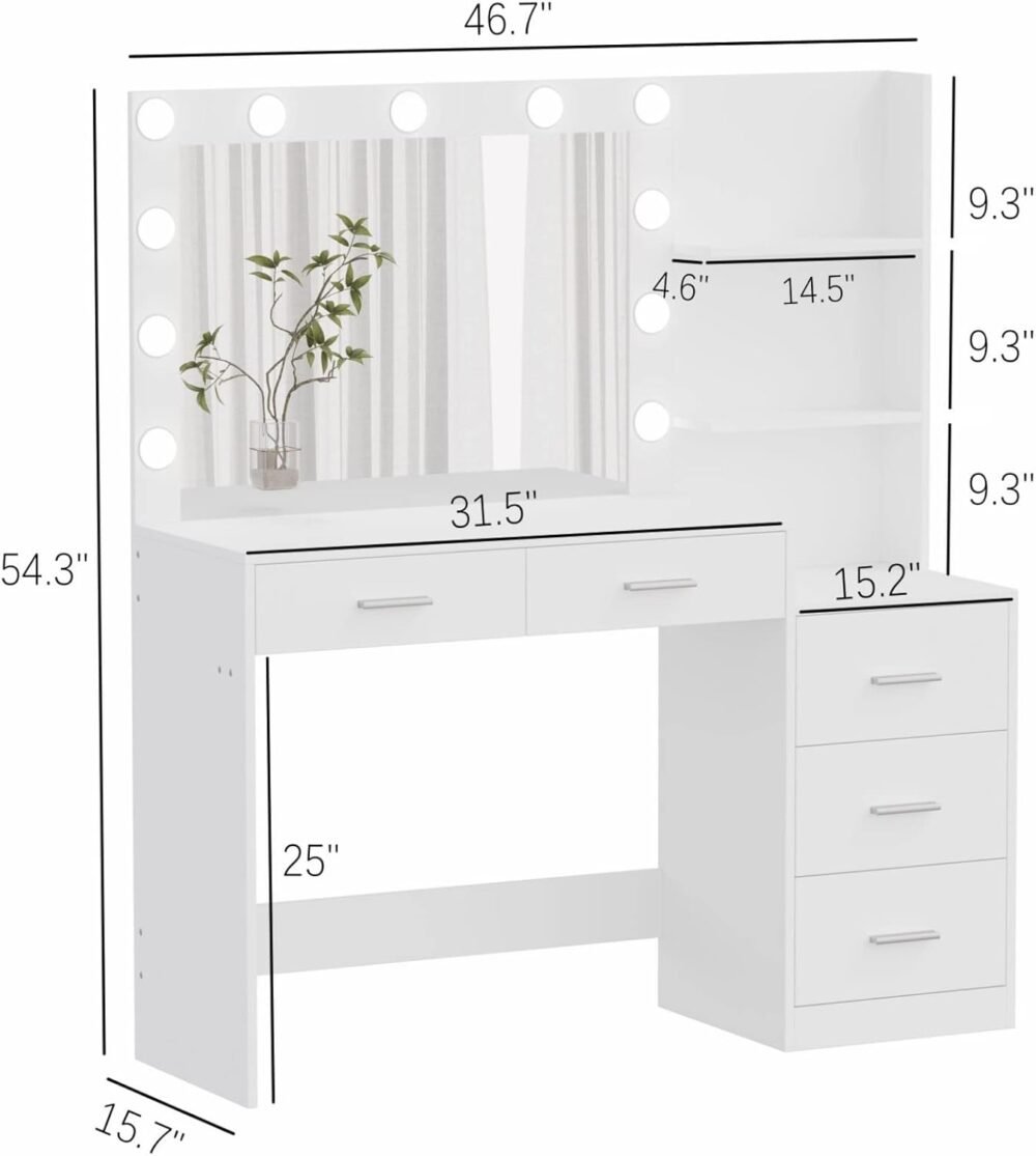 46.7" Makeup Vanity Table with Lighted Mirror, Large Vanity Desk with Storage Shelf & 5 Drawers, Bedroom Dressing Table, 11 LED Lights, White - Image 2