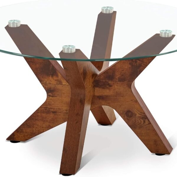 Round Glass Coffee Table for Living Room, 31.5 inches Mid Century Modern Accent Tea Table, Farmhouse Cocktail Table with MDF Leg and Tempered Glass Top (Rustic Brown)