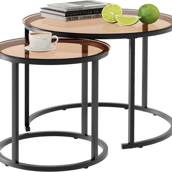 Nesting Coffee Table Set of 2, Small Round Glass Nesting Tables for Living Room Bedroom, Accent Tea Table with Metal Frame Modern Industrial Simple