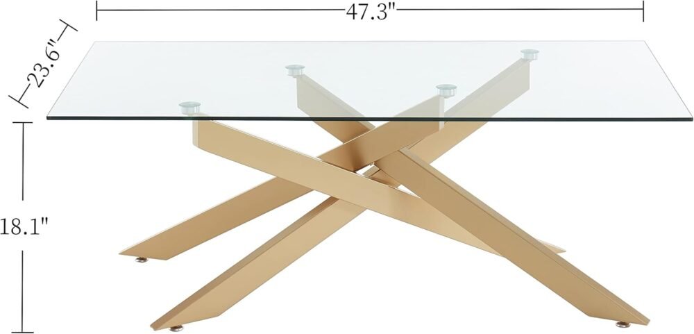 Rectangle Modern Coffee Table, Tempered Glass Top and Metal Tubular Leg, 47.3”Lx23.6”Wx18.1”H, Gold - Image 2