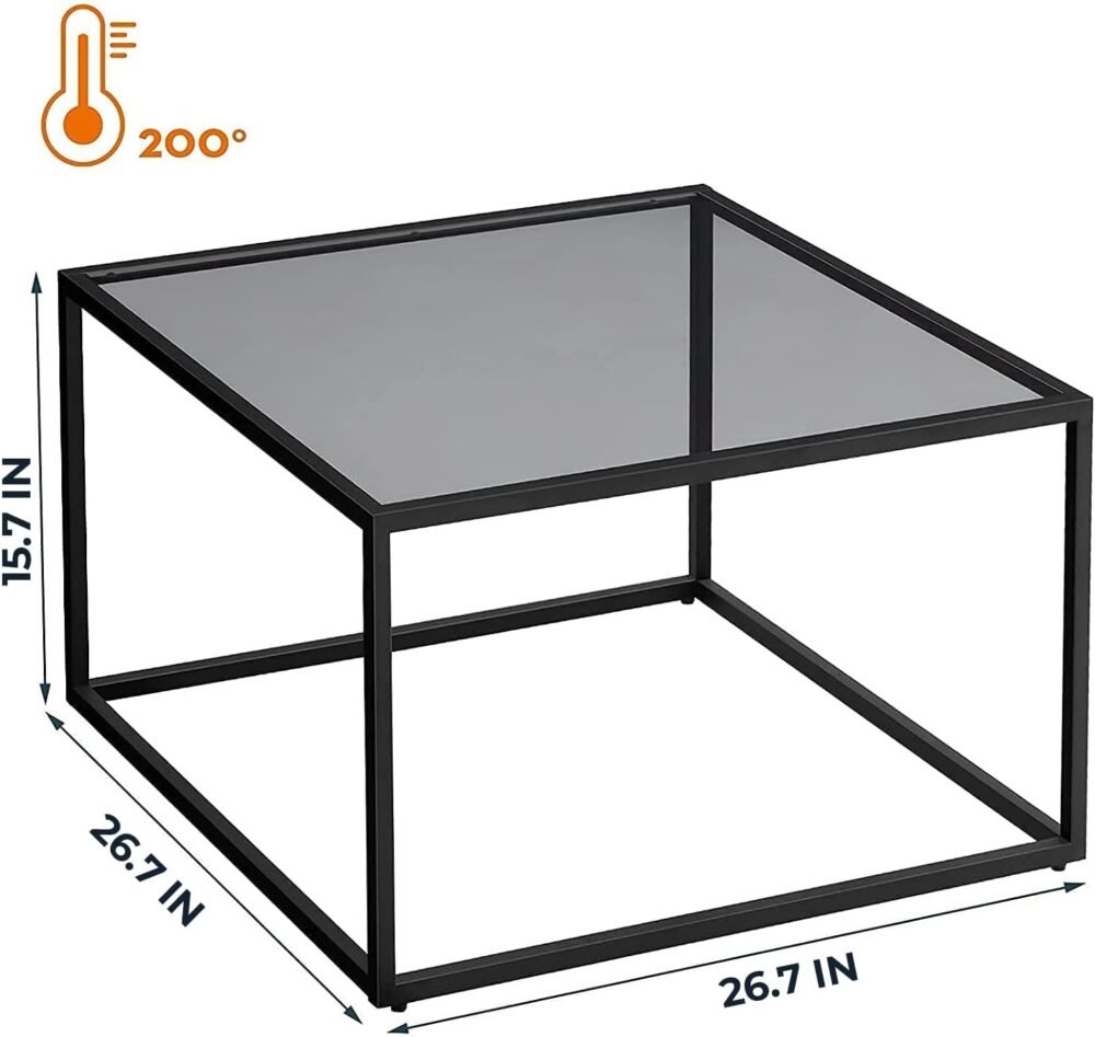 Glass Coffee Table, Small Modern Coffee Table Square Simple Center Tables for Living Room 26.7 x 26.7 x 15.7 Inches, Gray Black - Image 2