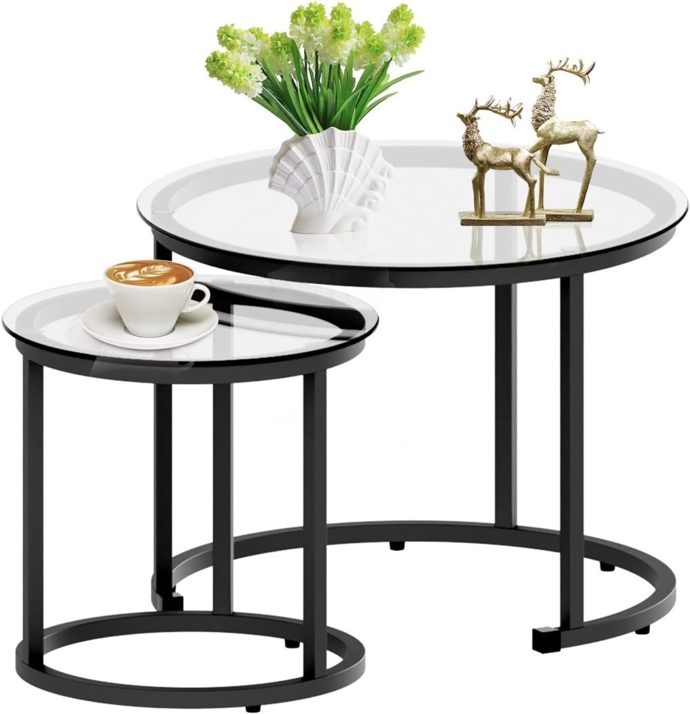 Black Nesting Coffee Glass Table Set of 2, Metal Freme Side End Tables for Living Room Bedroom for Apartment Small Place Modern Industrial Simple, 23.6D x 23.6W x 17.7H in