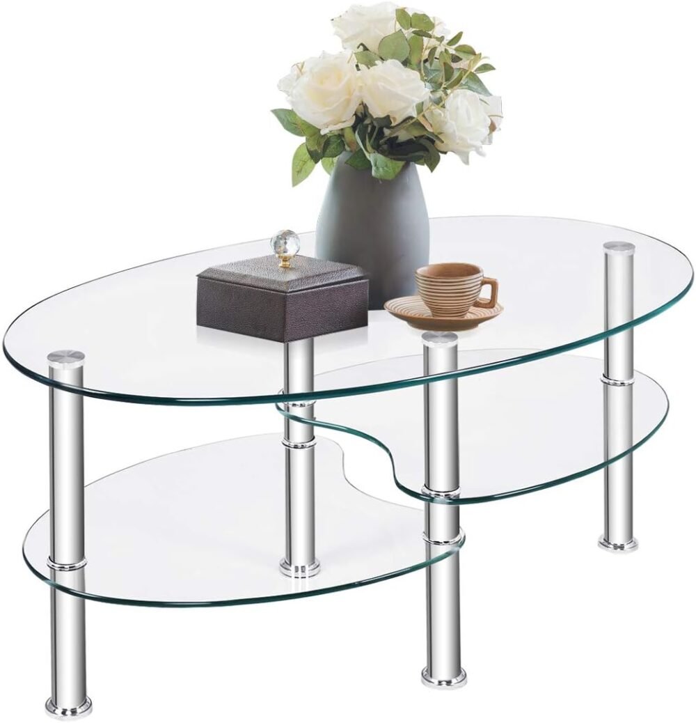 Glass Coffee Table, Modern Furniture Decor 2-Tier Modern Oval Smooth Glass Tea Table End Table for Home Office with 2 Tier Tempered Glass Boards & Sturdy Chrome Plated Legs