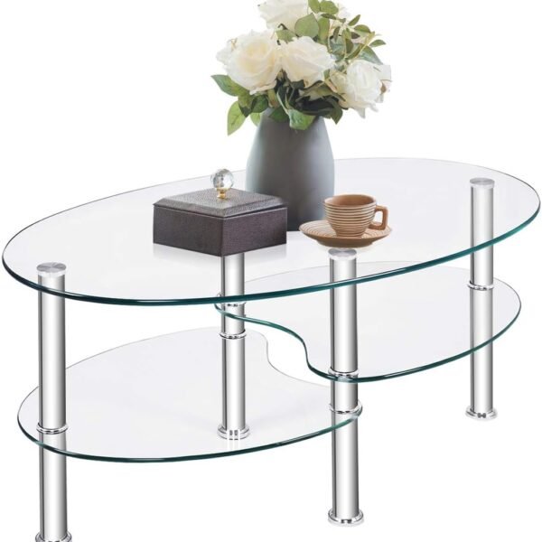 Glass Coffee Table, Modern Furniture Decor 2-Tier Modern Oval Smooth Glass Tea Table End Table for Home Office with 2 Tier Tempered Glass Boards & Sturdy Chrome Plated Legs