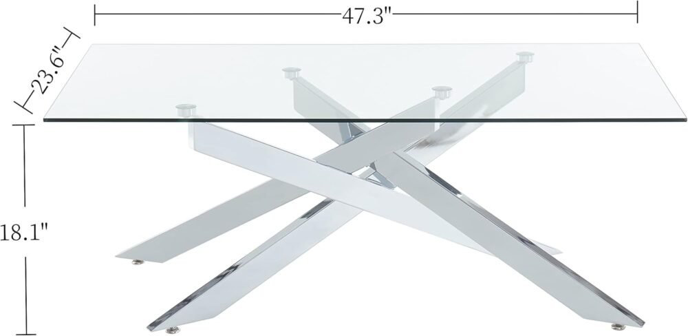 Rectangle Modern Coffee Table, Tempered Glass Top and Metal Tubular Leg, 47.3”Lx23.6”Wx18.1”H, Silver - Image 2