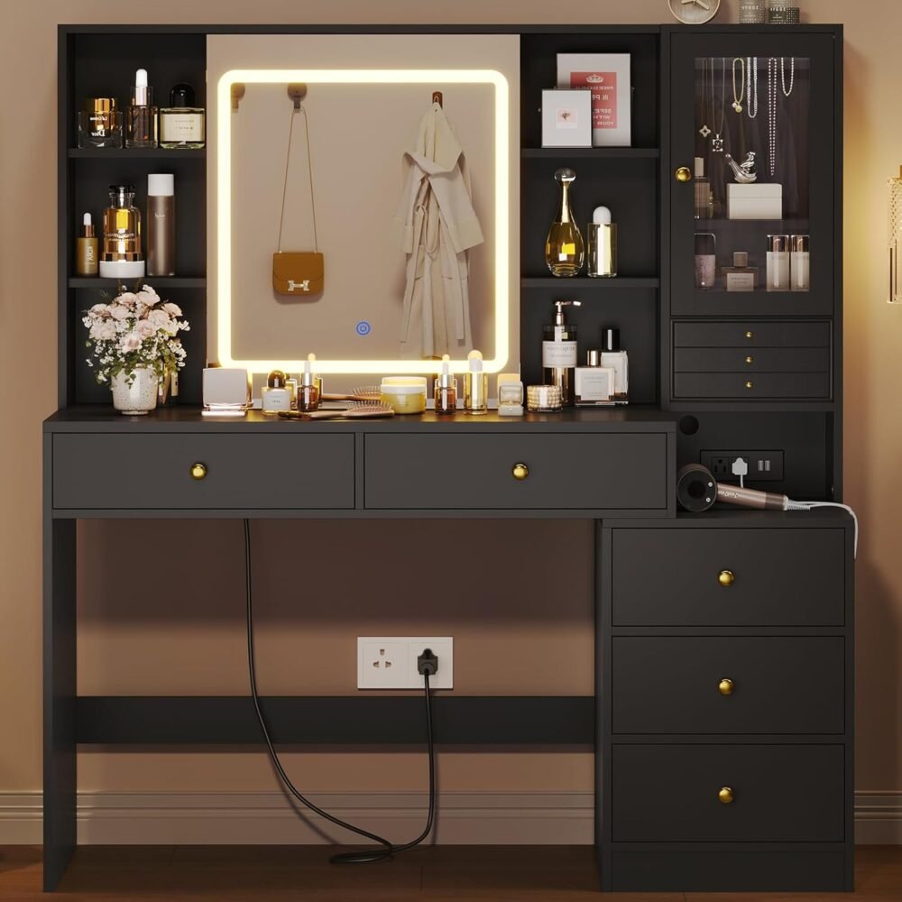 Makeup Vanity Desk with Lighted Sliding Mirror & Jewelry Organizer, Makeup Dressing Table with 5 Drawers, Modern Black