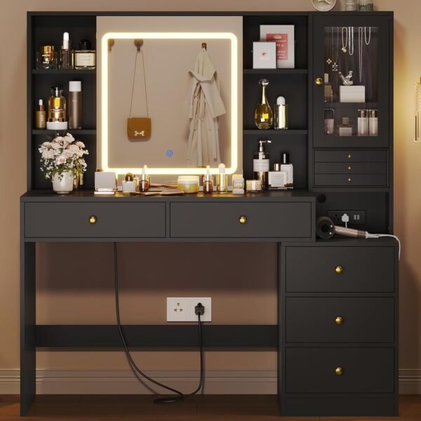 Makeup Vanity Desk with Lighted Sliding Mirror & Jewelry Organizer, Makeup Dressing Table with 5 Drawers, Modern Black