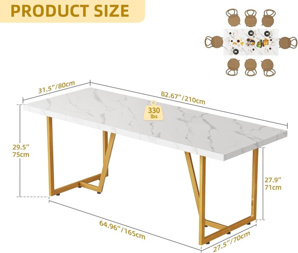 82.6'' Large Modern Dining Table for 8-10 People, Rectangular White Kitchen Dining Room Table with Faux Marble Tabletop and Geometric Gold Metal Legs, Wood Dinner Tables for Family Gathering - Image 2