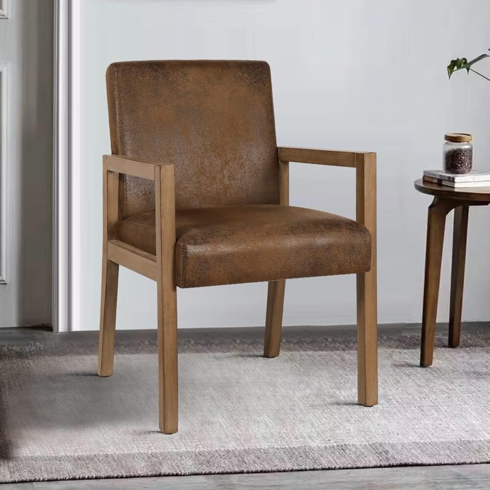 Dining Chairs, Upholstered Faux Leather Dining Chairs with Arms, Mid Century Modern Accent Chairs for Living Room, Arm Chairs with Wood Frame (1, Brown with Wood Arms)