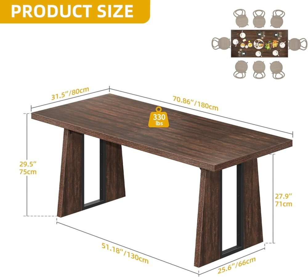 Rectangle Dining Table for 6-8 People 70.86 Inch Large Dining Room Table Wooden Dinner Table with Heavy Duty Legs for Kitchen Apartment Restaurant Walnut - Image 2