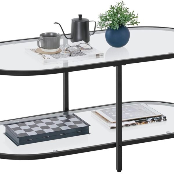 Glass Coffee Table, Black Oval Coffee Table for Living Room, Modern Minimal 2-Tier Center Table with Metal Frame for Small Space, Apartment, Office