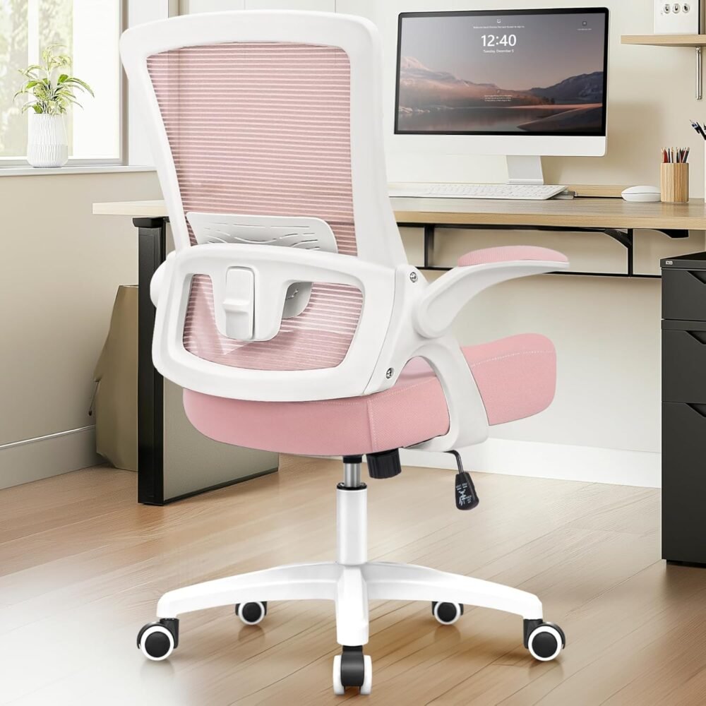 Office Desk Chair Computer High Back Mesh Gaming Seat with Ergonomic Adjustable Comfy Flip-up Armrests Lumbar Support Height for Home (Pink)