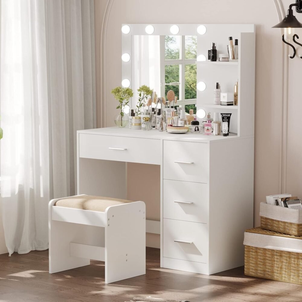 Makeup Vanity Table Set with Lighted Mirror, Makeup Vanity with Storage Shelf and 4 Drawers, Bedroom Dressing Table, Cushioned Stool & 10 LED Lights, White - Image 2