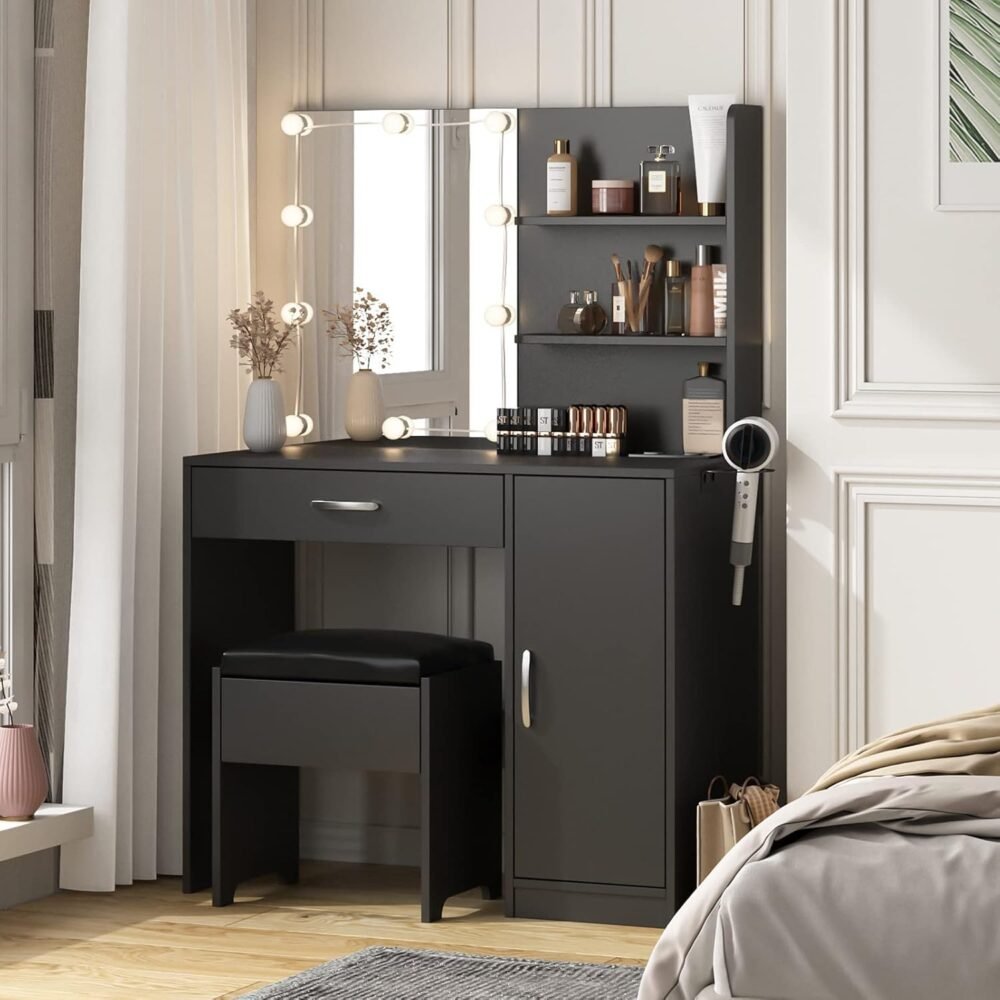 Makeup Vanity Desk with Lighted Mirror & Power Strip,Makeup Vanity Table with Lights and Lots Storage,3 Lighting Modes,35in Large Drawers Dressing Table,Black - Image 2