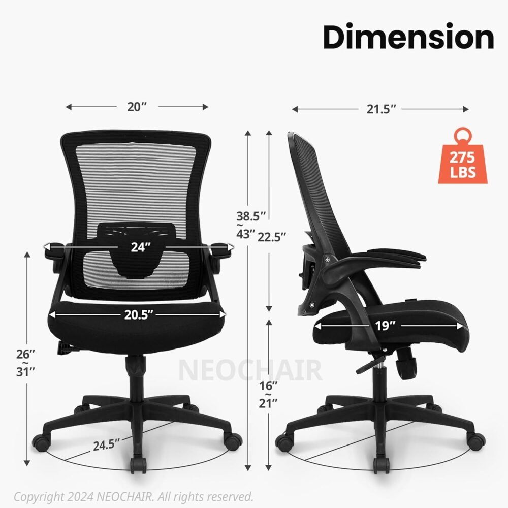 Office Desk Chair Computer High Back Mesh Gaming Seat with Ergonomic Adjustable Comfy Flip-up Armrests Lumbar Support Height for Home (Black) - Image 2