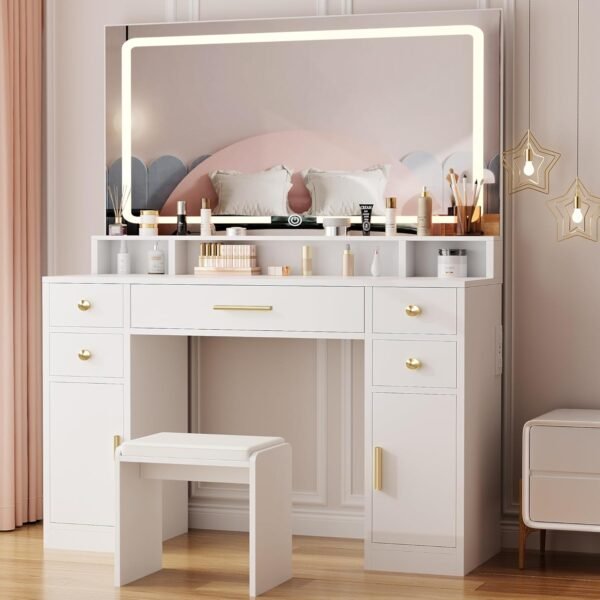 Vanity Desk Set with Large LED Lighted Mirror Power Outlet Makeup Vanity Table 3 Color Lighting Modes Dressing Table with 5 Drawers and 2 Cabinets Cushioned Stool for Bedroom, White