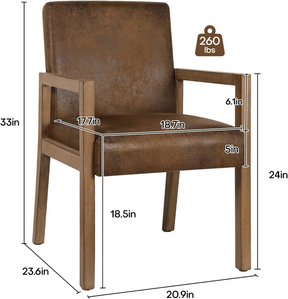 Dining Chairs, Upholstered Faux Leather Dining Chairs with Arms, Mid Century Modern Accent Chairs for Living Room, Arm Chairs with Wood Frame (1, Brown with Wood Arms) - Image 2