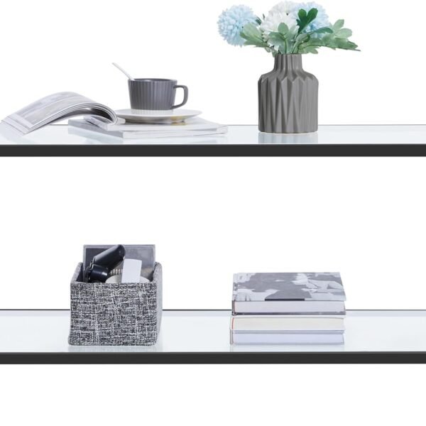 Glass Coffee Table, 2 Tier Black Coffee Table with Storage Shelf, Modern Rectangle Center Table with Glass-Top for Living Room, Home, Office