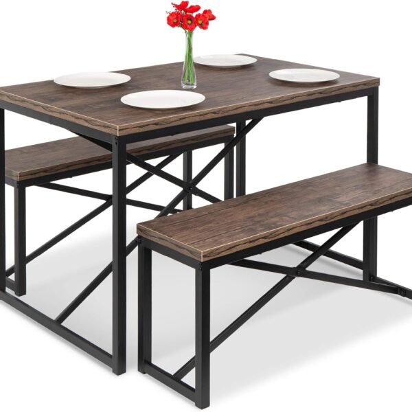 45.5in 3-Piece Bench Style Dining Furniture Set, 4-Person Space-Saving Dinette for Kitchen, Dining Room w/ 2 Benches, Table - Brown/Black