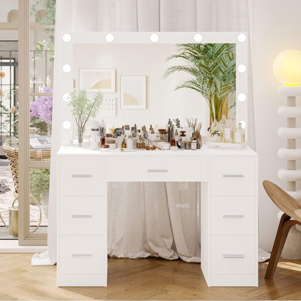 Vanity Table, Makeup Table with Lighted Mirror, 3 Color Lighting Modes, Brightness Adjustable, Dressing Table with Drawers, Vanity Desk for Women, White