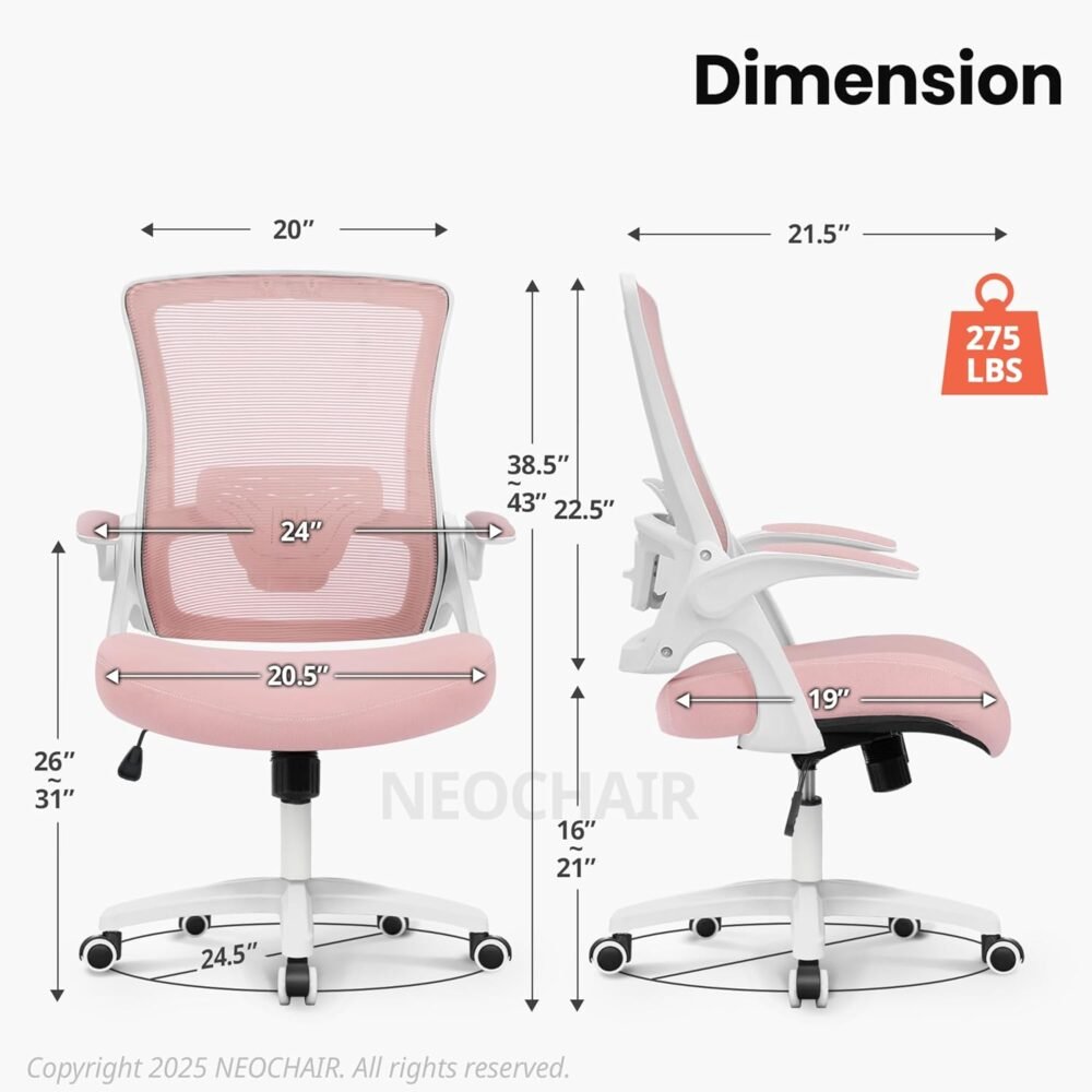 Office Desk Chair Computer High Back Mesh Gaming Seat with Ergonomic Adjustable Comfy Flip-up Armrests Lumbar Support Height for Home (Pink) - Image 2