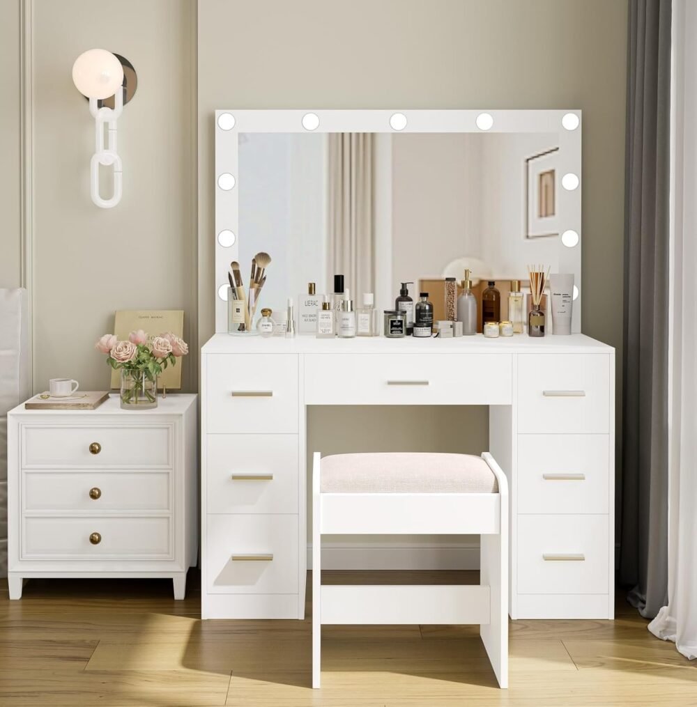 Vanity Table, Makeup Table with Lighted Mirror, 3 Color Lighting Modes, Brightness Adjustable, Dressing Table with Drawers, Vanity Desk for Women, White - Image 2