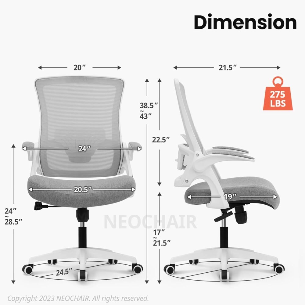 Office Desk Chair Computer High Back Mesh Gaming Seat with Ergonomic Adjustable Comfy Flip-up Armrests Lumbar Support Height for Home (Grey) - Image 2