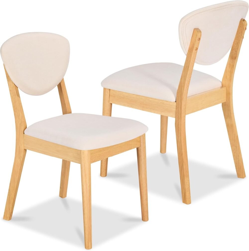 Dining Chairs Set of 2, Mid-Century Modern Upholstered Wood, Armless w/Seat Cushion, Padded Backrest - Oak/Cream