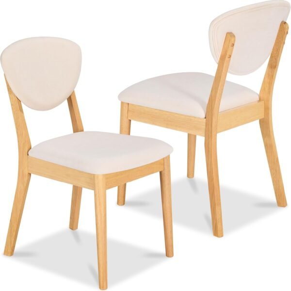 Dining Chairs Set of 2, Mid-Century Modern Upholstered Wood, Armless w/Seat Cushion, Padded Backrest - Oak/Cream