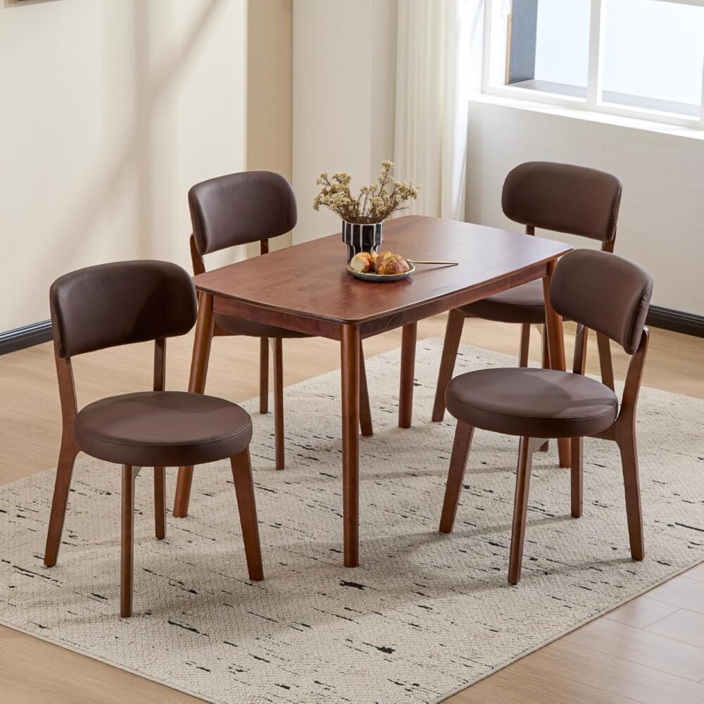 Oak Wooden Dining Chairs Set of 4, Mid-Century Modern Leather Upholstered Kitchen Chair with Solid Wood, Farmhouse Dining Room Chairs, Brown