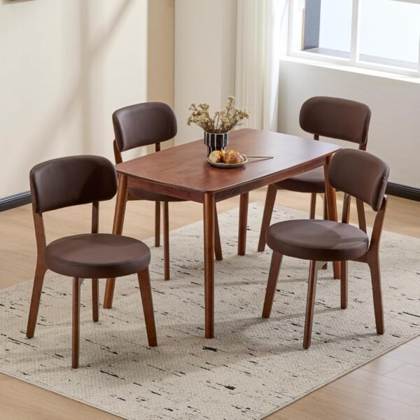 Oak Wooden Dining Chairs Set of 4, Mid-Century Modern Leather Upholstered Kitchen Chair with Solid Wood, Farmhouse Dining Room Chairs, Brown