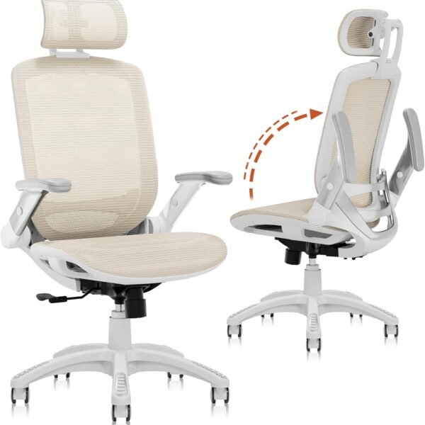 Ergonomic Office Chair, High Back Home Desk Chair with Headrest, Flip-Up Arms, 90-120° Tilt Lock and Wide Cushion, 400LBS Mesh Chairs for Man Woman, White Task Chair(Beige,)