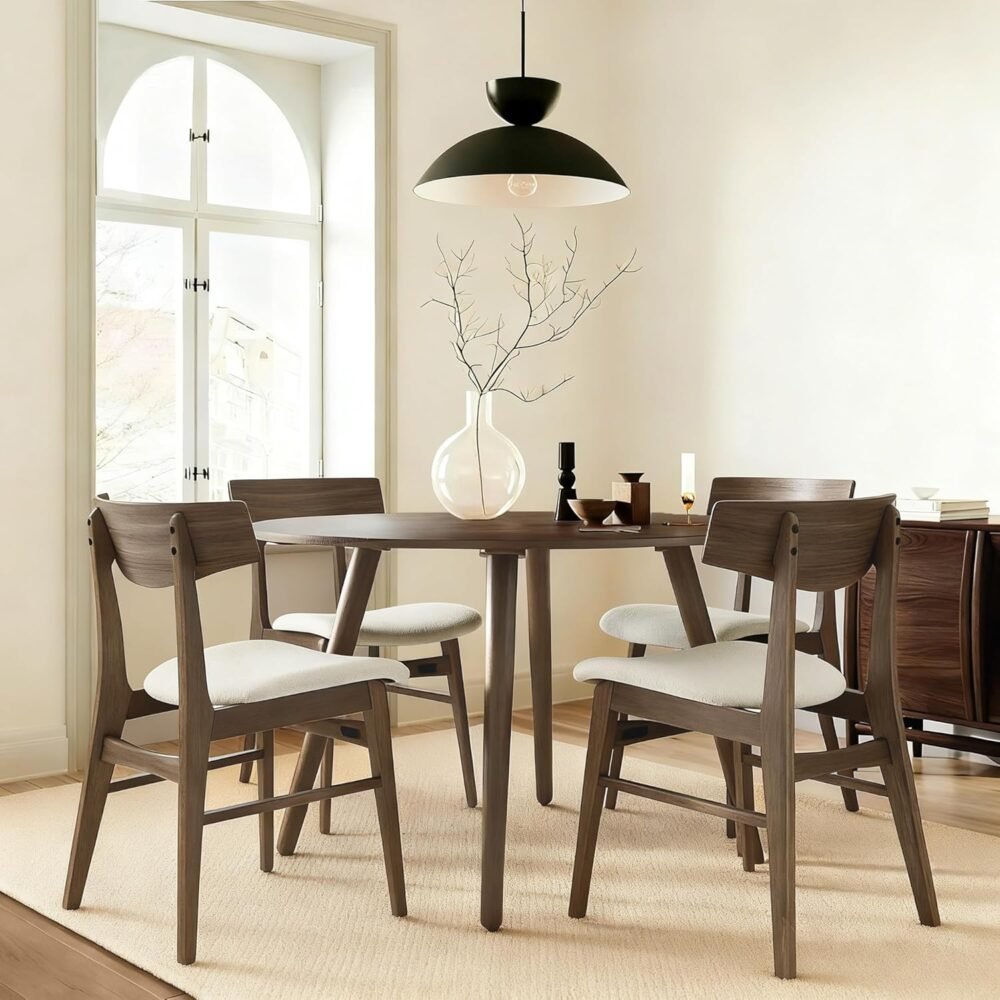 Wooden Dining Chairs Set of 4, Upholstered Modern Dining Room Chairs, Mid Century Oak Kitchen Chairs with Curved Wood Backrest for Kitchen, Restaurant, Farmhouse (Cream Fabric & Walnut Color)