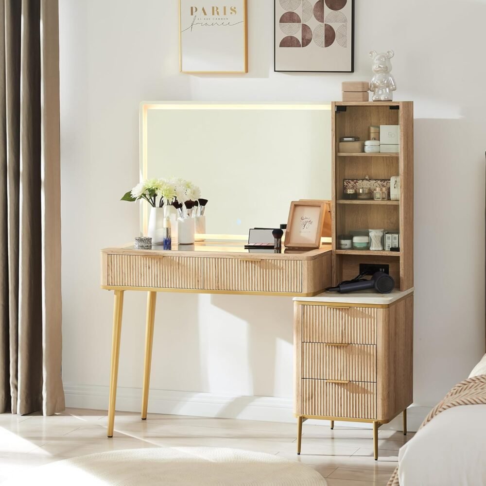 Makeup Vanity Desk with 36" HD Lighted Mirror, 48" Big Modern Vanity Desk with Mirror and Lights, Dressing Table with 5 Drawers & Shelves, Glass Top for Bedroom (Natural Oak) - Image 2