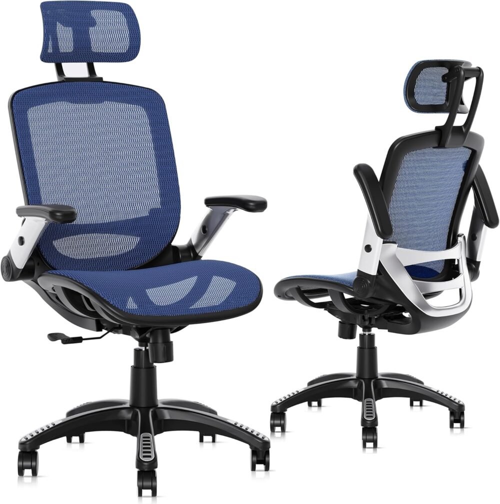 Ergonomic Office Chair, High Back Mesh Desk Chair with Adjustable Headrest, Flip-Up Arms, 90-120° Tilt Lock, Lumbar Support and Comfy Seat, Swivel Computer Task Chair, Blue