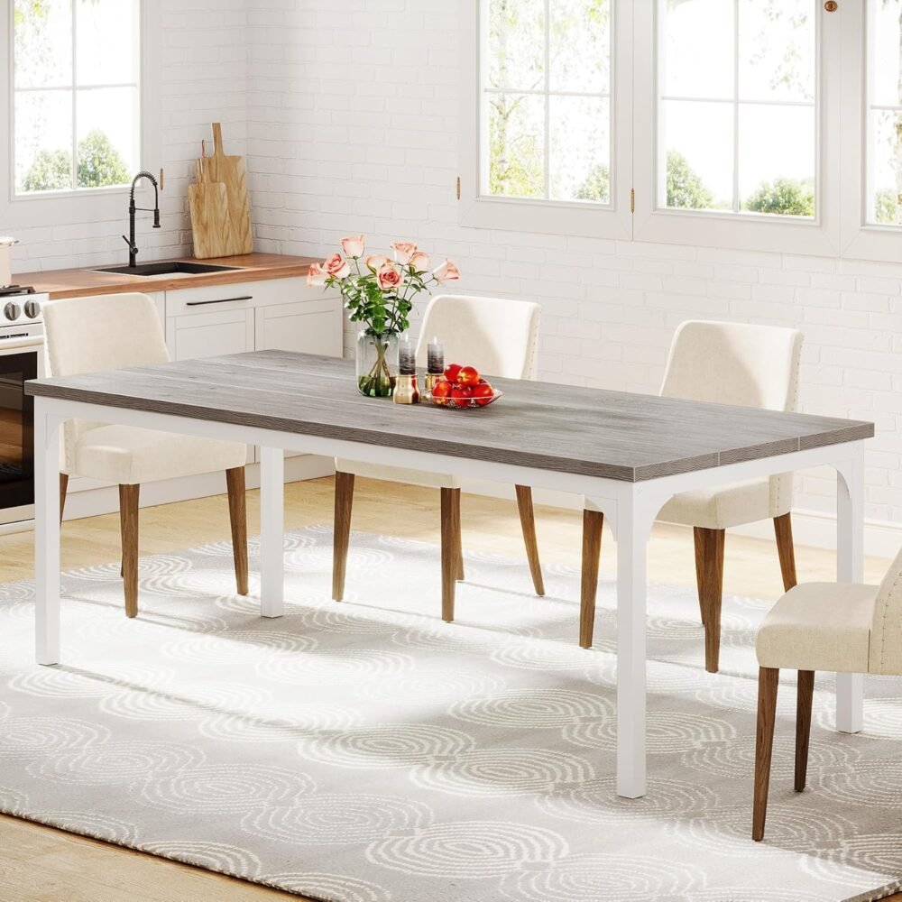 Farmhouse Dining Table for 6-8, 70.9 Inch Rectangular Wood Kitchen Table with Heavy Duty Metal Legs, Industrial Dinner Table for Dining Room, Living Room, Grey and White