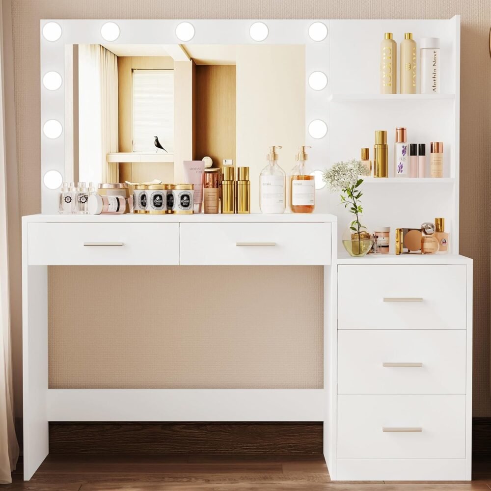 46.7" Makeup Vanity Table with Lighted Mirror, Large Vanity Desk with Storage Shelf & 5 Drawers, Bedroom Dressing Table, 11 LED Lights, White