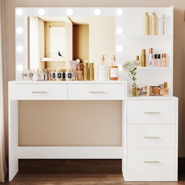 46.7" Makeup Vanity Table with Lighted Mirror, Large Vanity Desk with Storage Shelf & 5 Drawers, Bedroom Dressing Table, 11 LED Lights, White