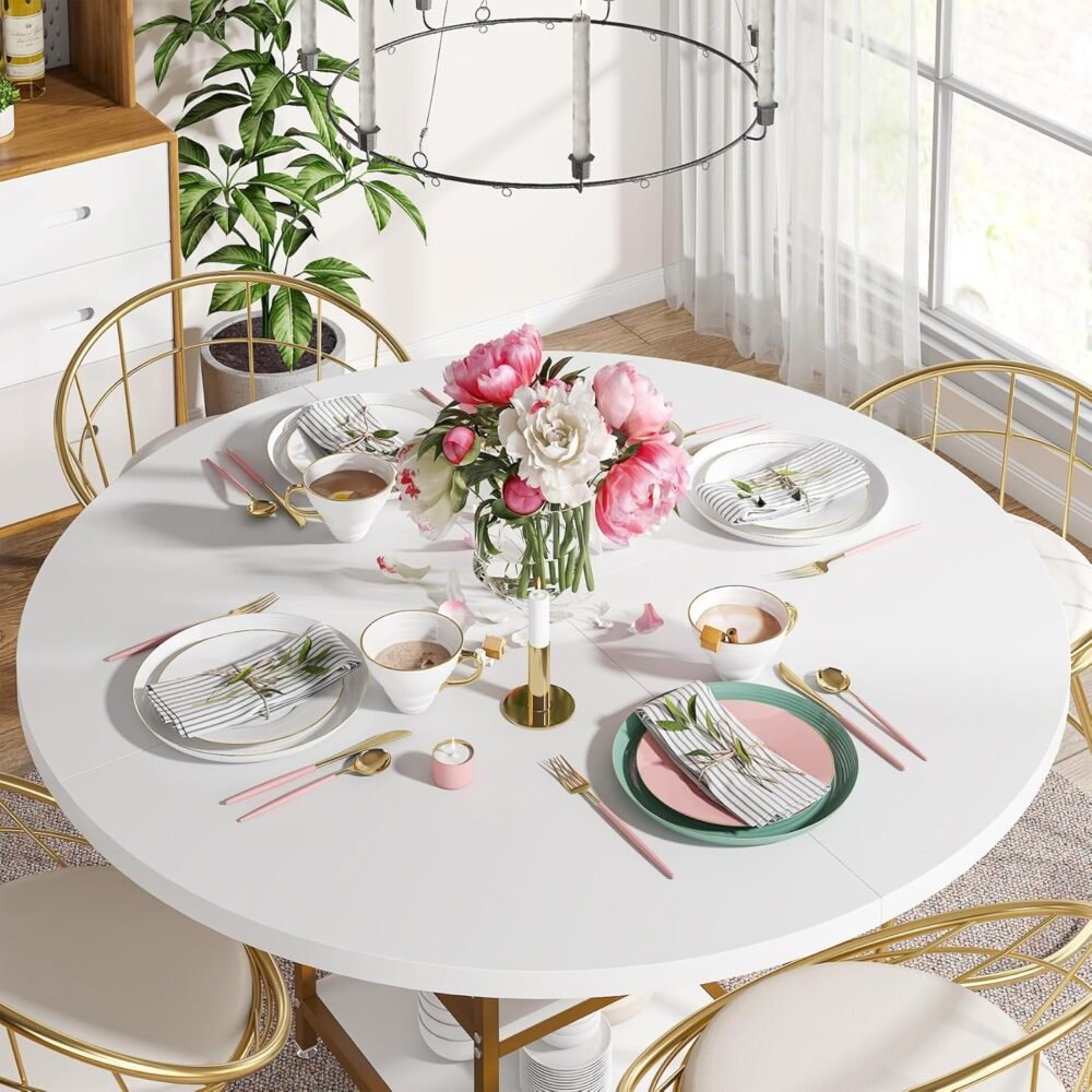 47 Inches Round Dining Table for 4 People, Golden Kitchen Tables Dinner Table with 2-Tier Storage Shelves for Dining Room Living Room, White Gold(Only Table) - Image 2