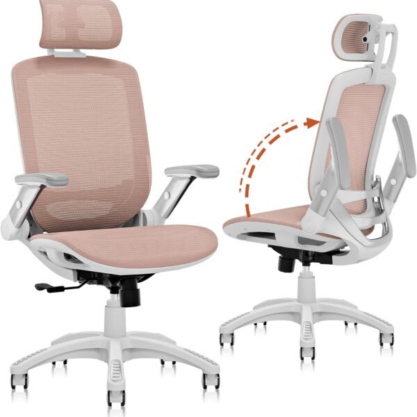 Ergonomic Office Chair, High Back Home Desk Chair with Headrest, Flip-Up Arms, 90-120° Tilt Lock and Wide Cushion, 400LBS Mesh Chairs for Man Woman, White Task Chair(Pink,)