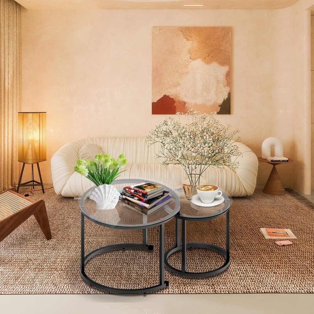 Black Nesting Coffee Glass Table Set of 2, Metal Freme Side End Tables for Living Room Bedroom for Apartment Small Place Modern Industrial Simple, 23.6D x 23.6W x 17.7H in - Image 2