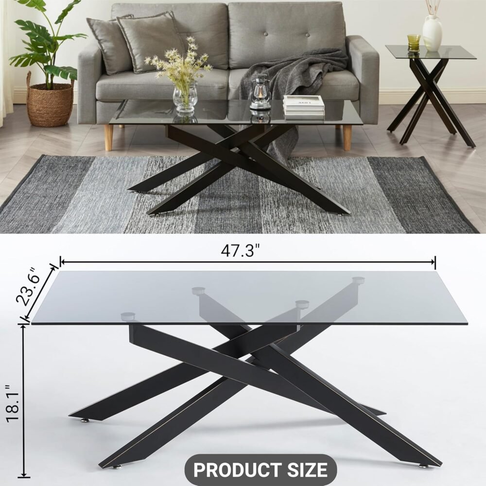 Rectangle Modern Coffee Table, Gray Tempered Glass Table Top and Black Metal Tubular Legs 47.3”Lx23.6”Wx18.1”H Black - Image 2