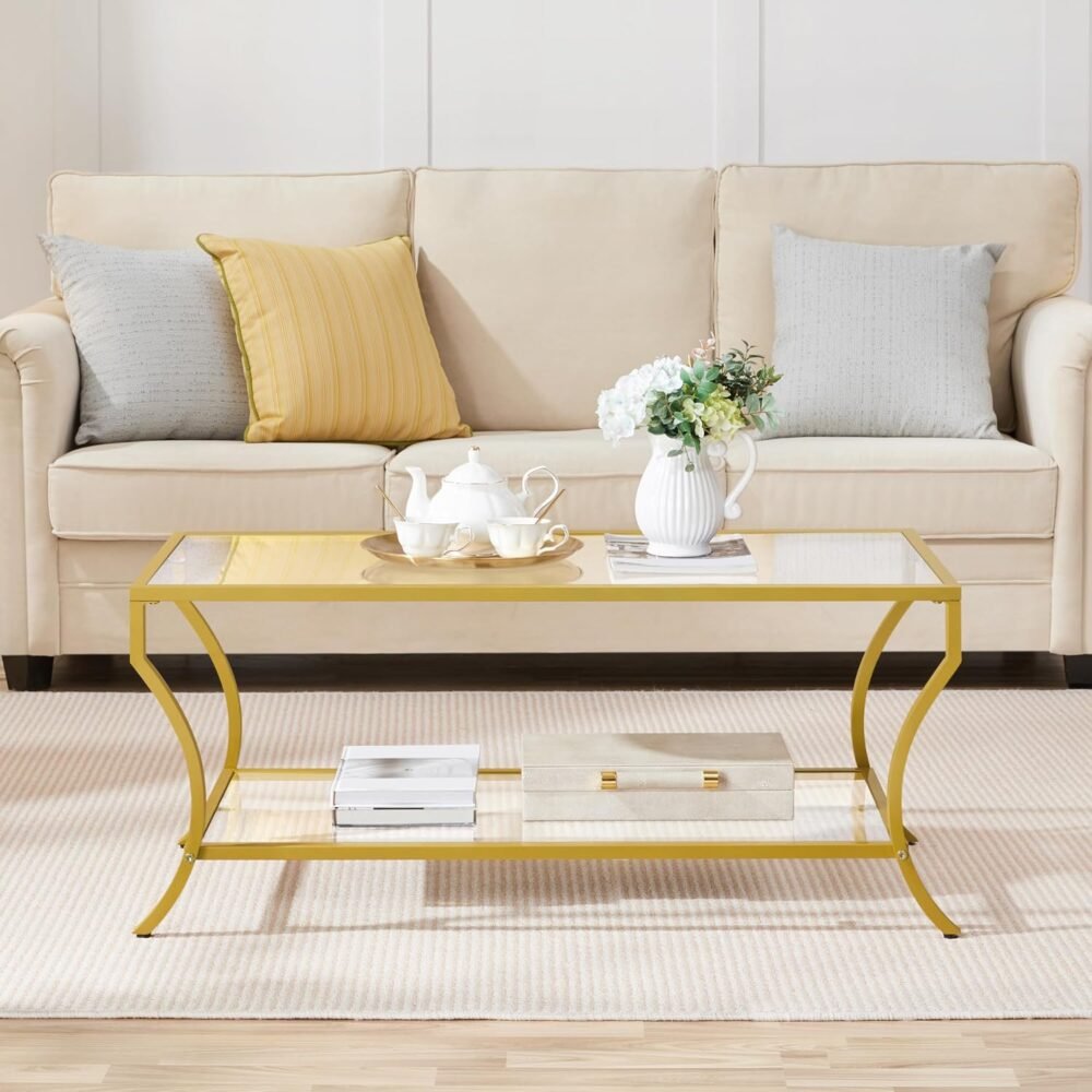 Gold Coffee Table, 2-Tier Rectangular Glass Coffee Table with Curved Frame, Modern Center Table for Living Room & Apartment, Easy Assembly - Image 2