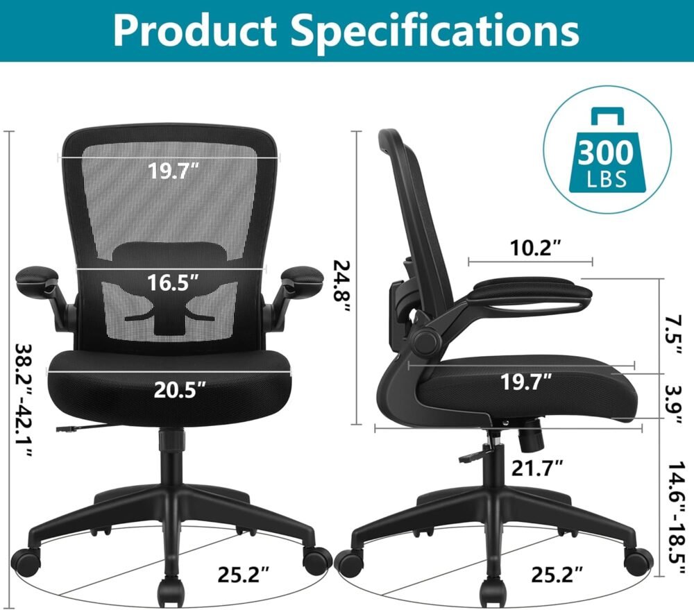 Office Chair, Ergonomic Desk Chair Breathable Mesh Chairs Adjustable High Back Lumbar Support Flip-up Armrests, Executive Rolling Swivel Comfy Computer Chairs Home Office Black - Image 2