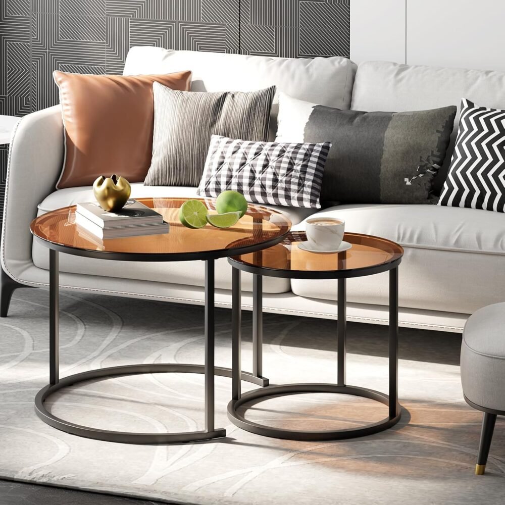 Nesting Coffee Table Set of 2, Small Round Glass Nesting Tables for Living Room Bedroom, Accent Tea Table with Metal Frame Modern Industrial Simple - Image 2