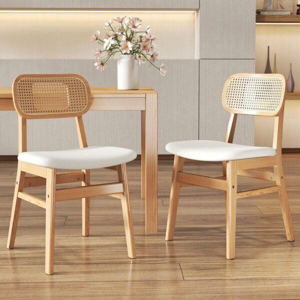 Rattan Dining Chairs Set of 2 White Lambswool Dining Room Chairs Natural Wooden Kitchen Chairs Farmhouse