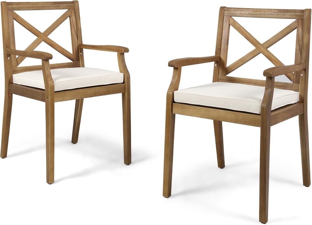 | Outdoor Acacia Wood Dining Chair Set of 2, Teak/Cream Cushion