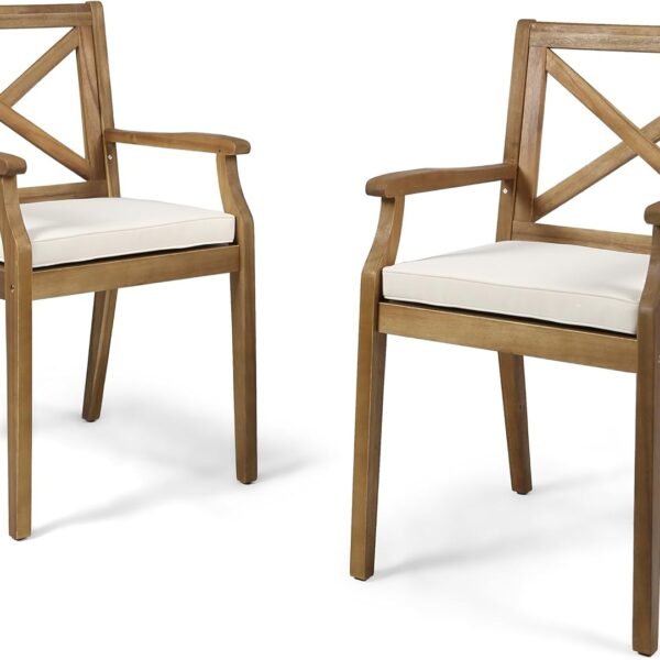 | Outdoor Acacia Wood Dining Chair Set of 2, Teak/Cream Cushion
