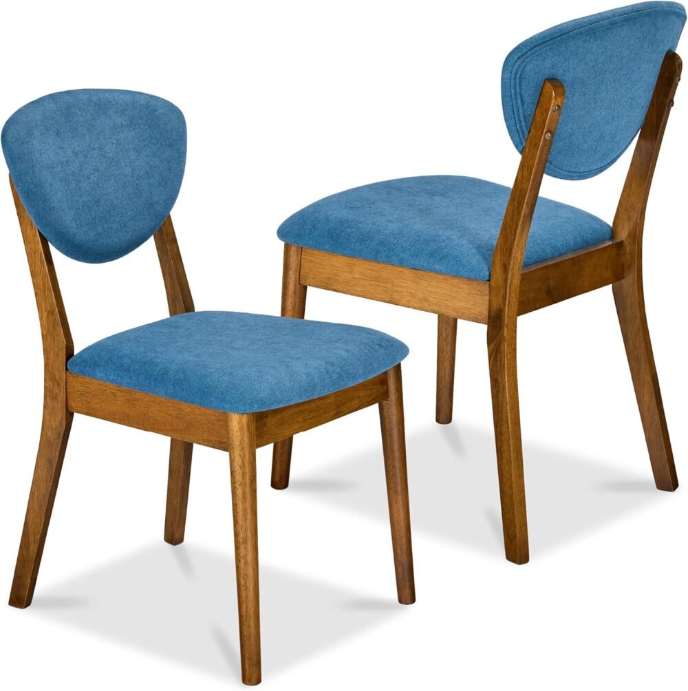 Dining Chairs Set of 2, Mid-Century Modern Upholstered Wood, Armless w/Seat Cushion, Padded Backrest - Walnut/Ocean Blue