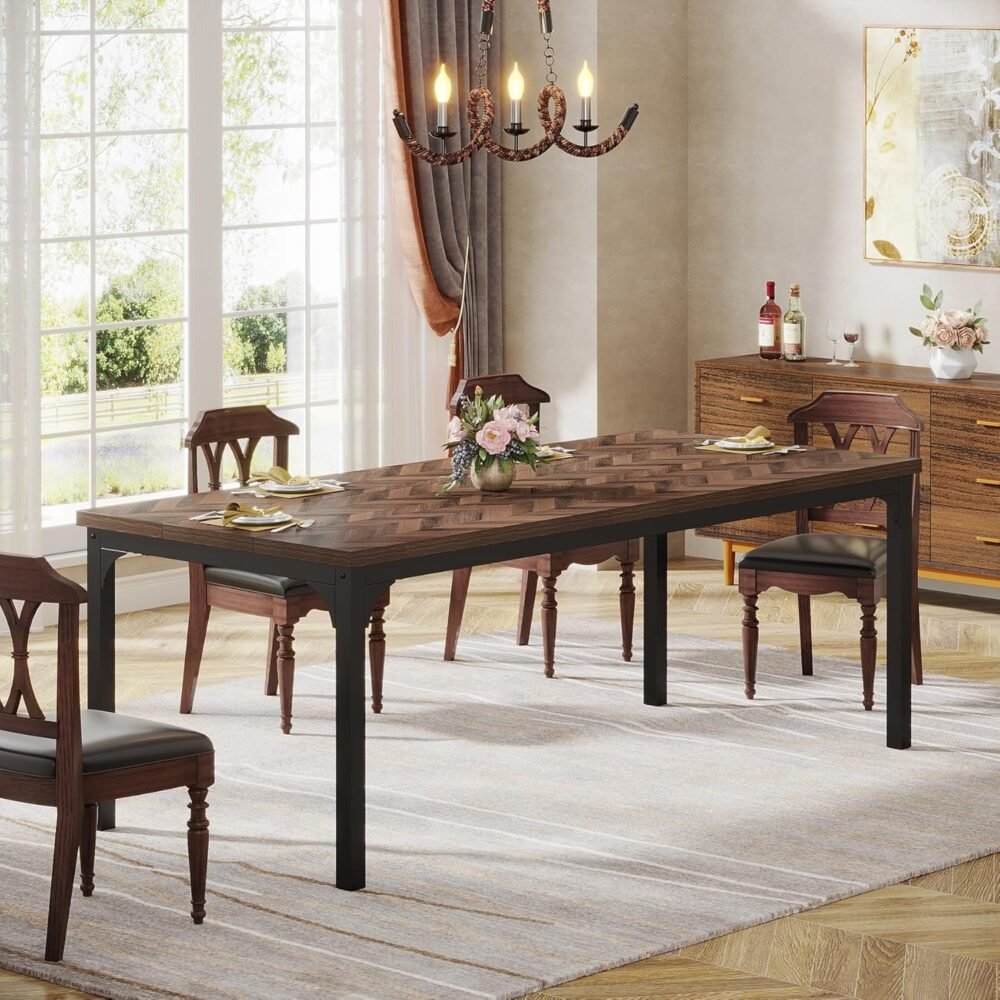 Farmhouse Dining Table for 6-8, 70.9 Inch Rectangular Wood Kitchen Table with Heavy Duty Metal Legs, Industrial Dinner Table for Dining Room, Living Room, Brown - Image 2